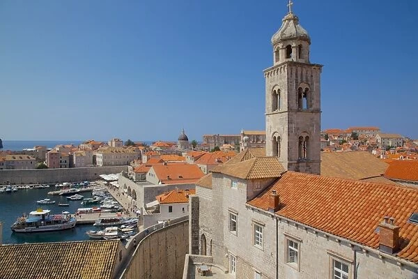 Dominican Monastery Bell Tower and Old Town rooftops, UNESCO World Heritage Site, Dubrovnik, Dalmatia, Croatia, Europe