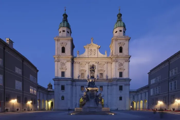 Framed Print : Domplatz Square with Dom Cathedral and Mariensaule column at dusk, Salzburg, Salzburger Land, Austria, Europe