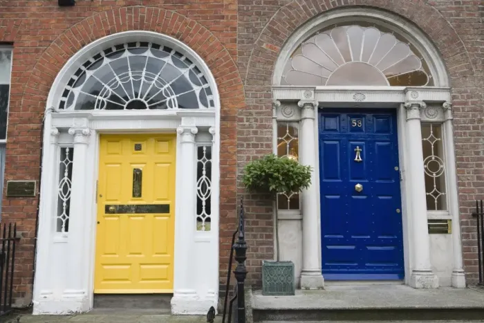 Framed Print : Doorways to two Georgian houses, Merrion Square, Dublin, Republic of Ireland, Europe