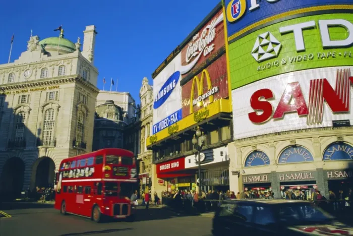 Framed Print : Double decker bus and advertisements, Piccadilly Circus, London, England, UK Framed Print : Double decker bus and advertisements, Piccadilly Circus, London, England, UK