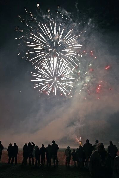 Double white burst at the Widecombe-in-the-Moor, Dartmoor, firework display, Devon, England, United Kingdom, Europe