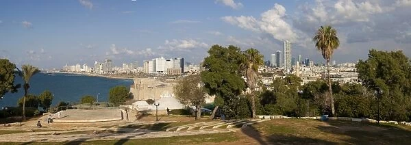 Downtown buildings viewed from HaPisgah Gardens Park, Jaffa, Tel Aviv, Israel, Middle East