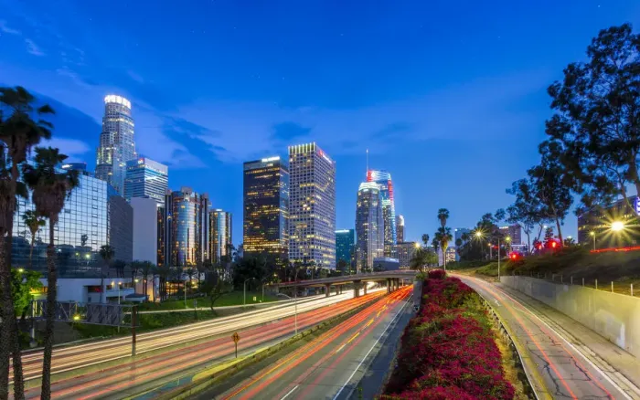 Framed Print : Downtown financial district of Los Angeles city and busy freeway at night, Los Angeles Framed Print : Downtown financial district of Los Angeles city and busy freeway at night, Los Angeles