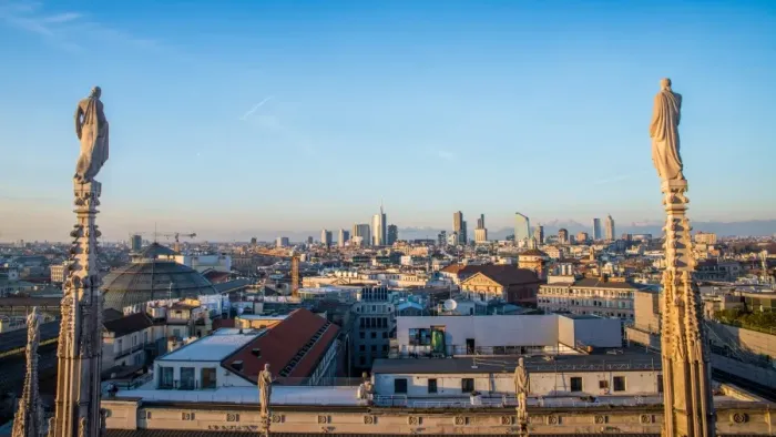Framed Print : Downtown Milan as seen through the roof of the citys famous Duomo cathedral, Milan Framed Print : Downtown Milan as seen through the roof of the citys famous Duomo cathedral, Milan