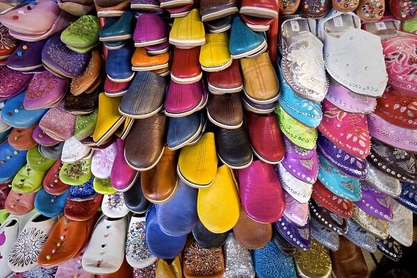 Dozens of colourful traditional slippers in the souk off the Djemaa el Fna, Marrakech, Morocco, North Africa, Africa