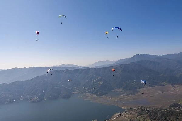 Dozens of paragliders enjoy amazing views of the Himalayas above Phewa Lake, Nepal, Asia