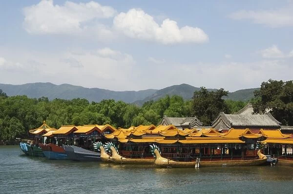 Dragon boats on Kunming Lake at Yihe Yuan (The Summer Palace), UNESCO World Heritage Site