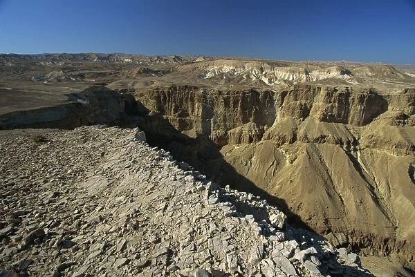 Dramatic eroded desert highalnds above the Dead Sea, near Ein Boqeq, Israel, Middle East