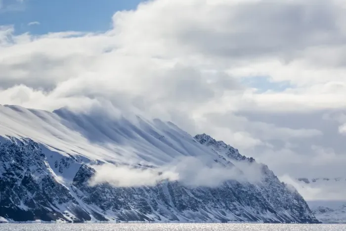 Framed Print : Dramatic skies in Signehamna, Krossfjorden, Spitsbergen, Svalbard, Norway, Scandinavia, Europe