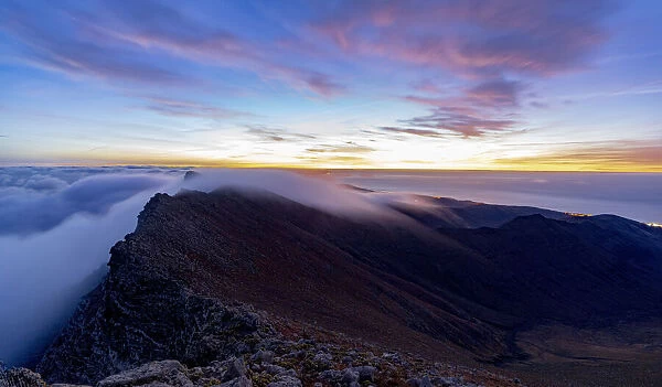 Dramatic sky at dawn over Pico de la Zarza mountain peak in mist, Jandia Peninsula, Fuerteventura, Canary Islands, Spain, Atlantic, Europe