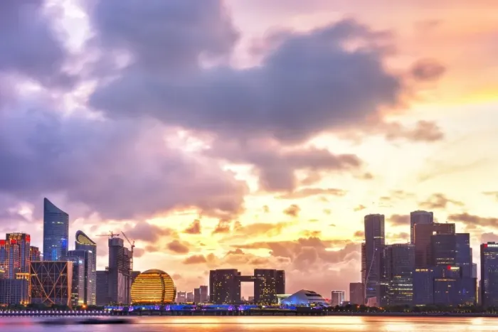 Framed Print : Dramatic sunset clouds over new skyscrapers of Hangzhou new business district, Jianggan Framed Print : Dramatic sunset clouds over new skyscrapers of Hangzhou new business district, Jianggan