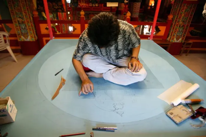 Framed Print : Drawing a mandala in the Temple of the Thousand Buddhas, Dashang Kagyu Ling congregation Framed Print : Drawing a mandala in the Temple of the Thousand Buddhas, Dashang Kagyu Ling congregation