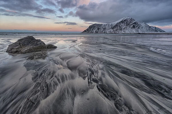 Drawings and shapes on the sand, Skagsanden beach, Lofoten Islands, Norway, Scandinavia