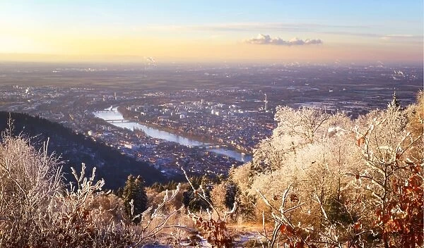 A dreamy view over Rhein Main Valley with Heidelberg City and Neckar River, framed by ice