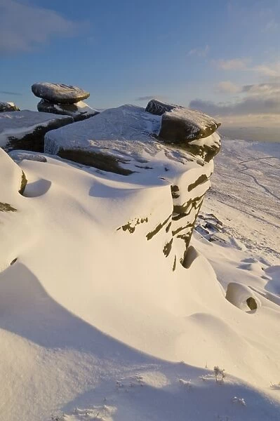 Drifting snow on White Tor, Derwent Edge, Derwent Moor, Peak District National Park