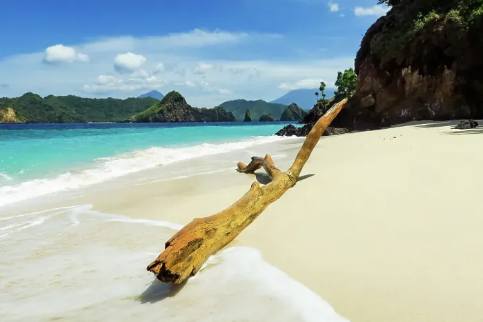 Framed Print : Driftwood on white sand beach at beautiful Mahoro Island with Masare and Pahepa Islands beyond, Mahoro, Siau, Sangihe Archipelago, North Sulawesi, Indonesia, Southeast Asia, Asia