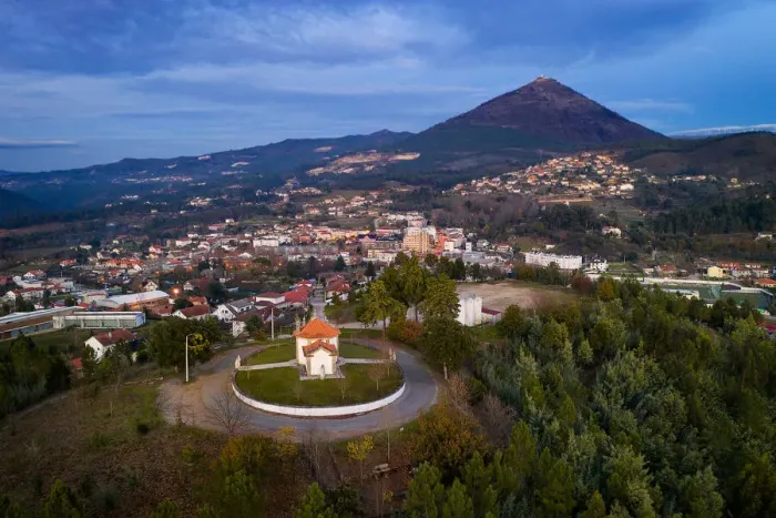 Framed Print : Drone aeiral view of Mondim de Basto with Nossa Senhora da Piedade Church Framed Print : Drone aeiral view of Mondim de Basto with Nossa Senhora da Piedade Church