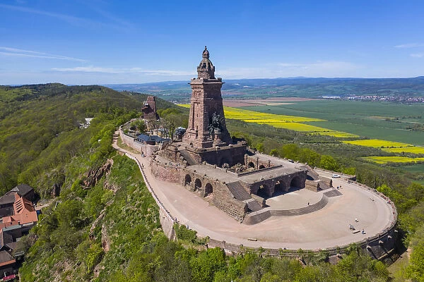 Drone aerial of the Kyffhaeuser Monument, Barbarossa monument, Thuringia, Germany, Europe