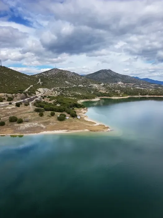 Framed Print : Drone aerial view of camper vans parked on a wild spot at Lake Polyfyto, Kozani, Macedonia, Greece Framed Print : Drone aerial view of camper vans parked on a wild spot at Lake Polyfyto, Kozani, Macedonia, Greece