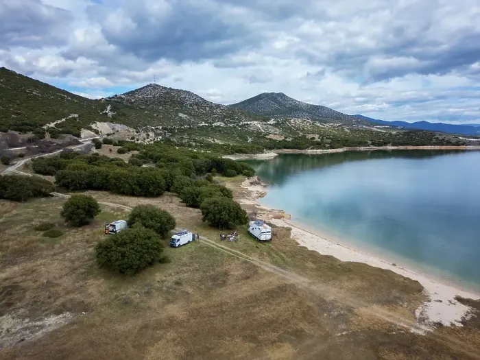 Framed Print : Drone aerial view of camper vans parked on a wild spot at Lake Polyfyto, Kozani, Macedonia, Greece Framed Print : Drone aerial view of camper vans parked on a wild spot at Lake Polyfyto, Kozani, Macedonia, Greece