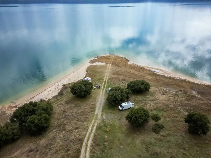 Framed Print : Drone aerial view of camper vans parked on a wild spot at Lake Polyfyto, Kozani, Macedonia, Greece Framed Print : Drone aerial view of camper vans parked on a wild spot at Lake Polyfyto, Kozani, Macedonia, Greece