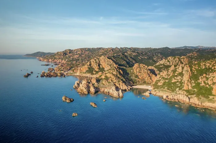 Framed Print : Drone aerial view of Costa Paradiso golden cliff landscape, Sardinia, Italy, Mediterranean, Europe Framed Print : Drone aerial view of Costa Paradiso golden cliff landscape, Sardinia, Italy, Mediterranean, Europe