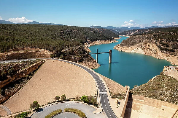 Drone aerial view of Francisco Abellan Dam and Reservoir, Granada, Andalusia, Spain, Europe