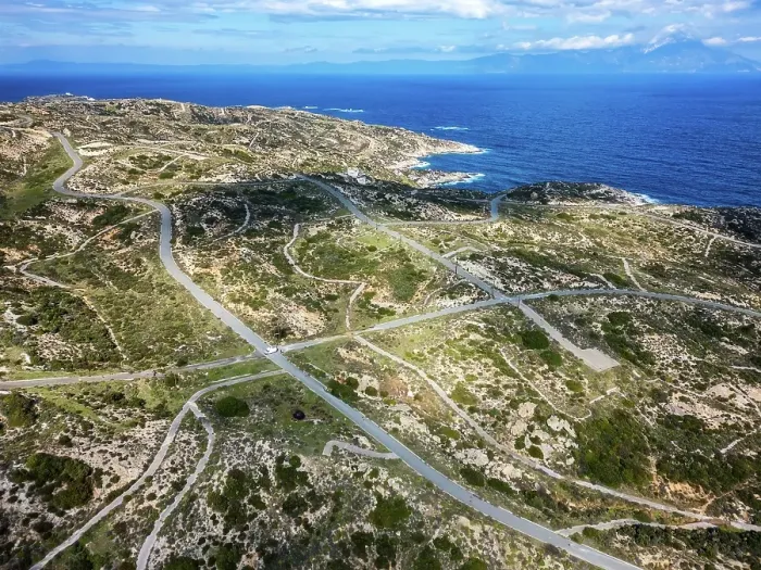 Framed Print : Drone aerial view of Kriaritsi project area with abandoned roads in the south of Greece, Sithonia, Chalkidiki, Greece