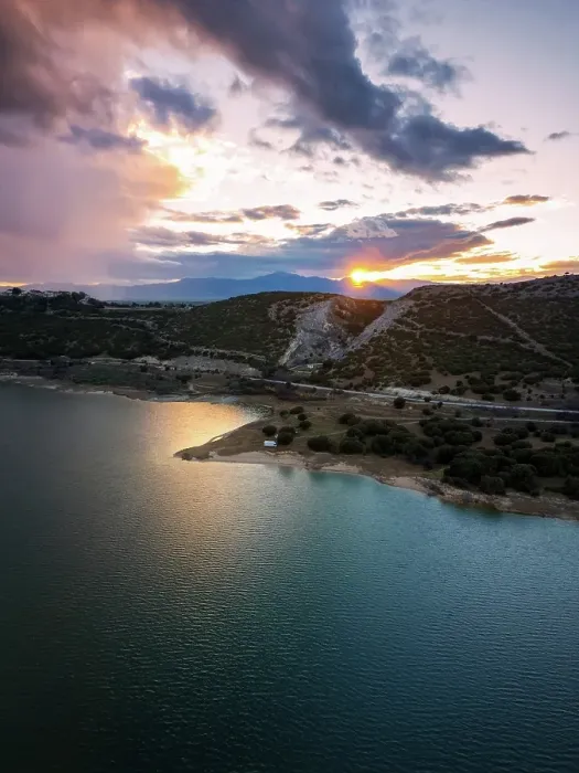 Framed Print : Drone aerial view of Lake Polyfyto and mountain landscape at sunset, Kozani, Macedonia, Greece Framed Print : Drone aerial view of Lake Polyfyto and mountain landscape at sunset, Kozani, Macedonia, Greece
