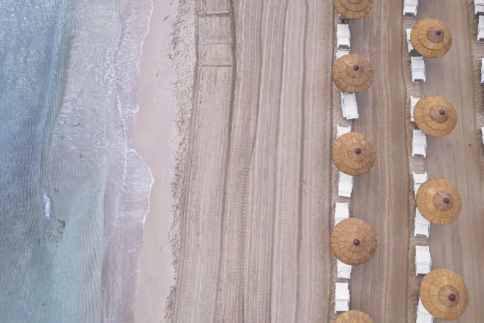 Framed Print : Drone view of beach straw umbrellas on an empty beach, Sicily, Mediterranean Sea, Italy, Europe Framed Print : Drone view of beach straw umbrellas on an empty beach, Sicily, Mediterranean Sea, Italy, Europe