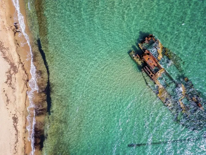Framed Print : Drone view of Epanomi boat shipwreck by the beach, Thessaloniki, Greece Framed Print : Drone view of Epanomi boat shipwreck by the beach, Thessaloniki, Greece