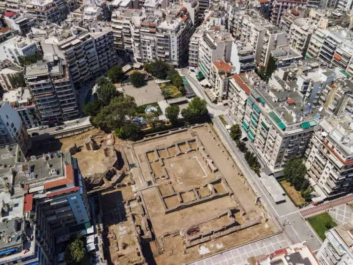 Framed Print : Drone view of Navarinou square with Roman ruins of the Palace of Galerius, Thessaloniki, Greece, Europe Framed Print : Drone view of Navarinou square with Roman ruins of the Palace of Galerius, Thessaloniki, Greece, Europe