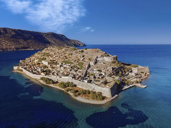 Drone view of Spinalonga, former leper colony fortress, Crete, Greek Islands, Greece, Europe