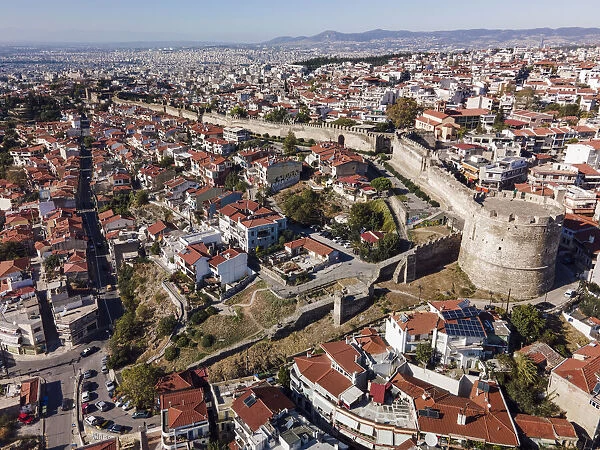 Drone view of Trigonion Chain defensive Tower and fortifications at upper town of Ano Poli in Thessaloniki, Greece, Europe