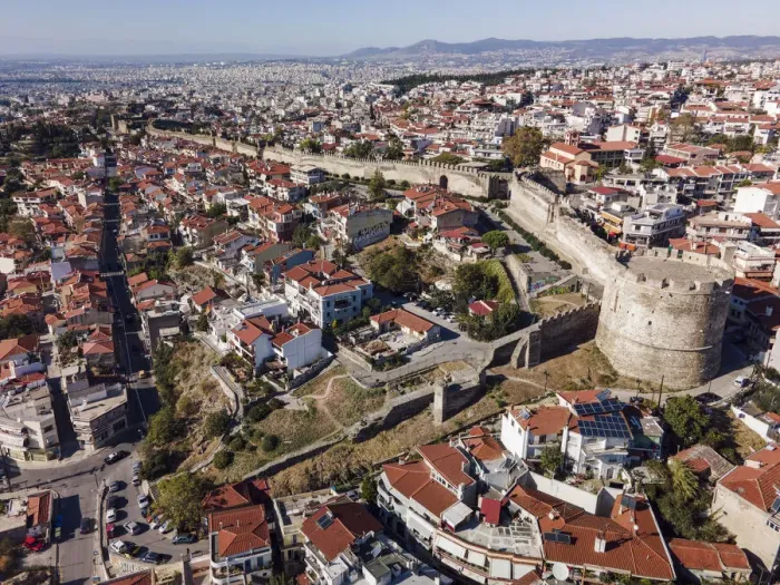 Framed Print : Drone view of Trigonion Chain defensive Tower and fortifications at upper town of Ano Poli in Thessaloniki, Greece, Europe Framed Print : Drone view of Trigonion Chain defensive Tower and fortifications at upper town of Ano Poli in Thessaloniki, Greece, Europe