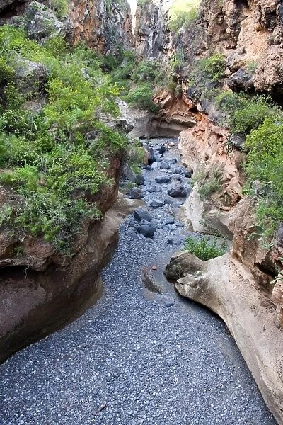 Dry river bed and waterfall, Barranco del Inferno area, Arona, south west Tenerife interior