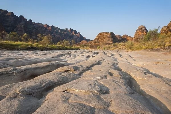 Dry river before the the beehive-like mounds in the Purnululu National Park, UNESCO World Heritage Site, Bungle Bungle mountain range, Western Australia, Australia, Pacific