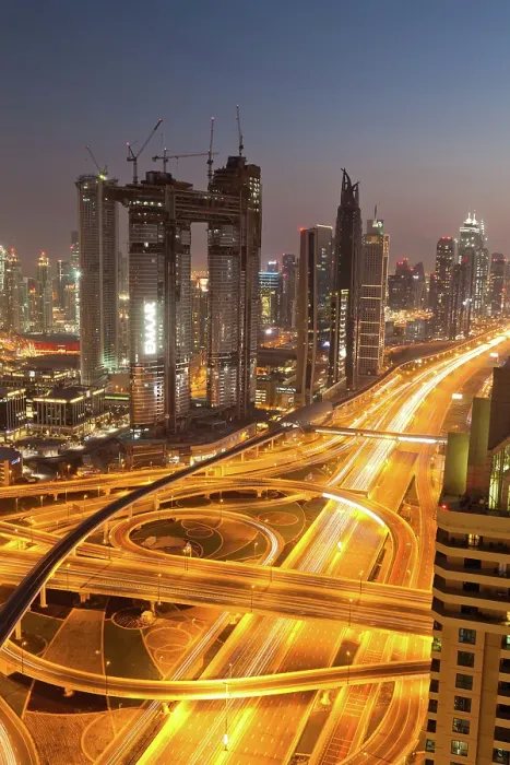 Framed Print : Dubai skyline and night traffic on busy intersection on Sheikh Zayed highway, Dubai, United Arab Emirates