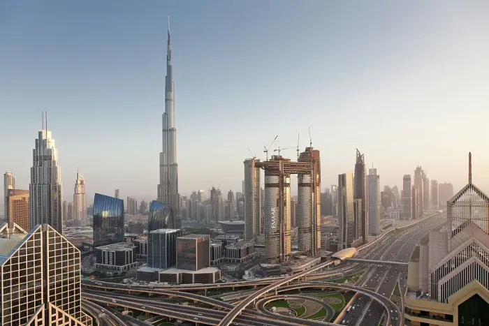 Framed Print : Dubai skyline at sunset with Burj Khalifa, the world tallest building and Sheikh Zayed road traffic, Dubai, United Arab Emirates