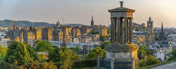 The Dugald Stewart monument on Calton Hill, Edinburgh city skyline in the background