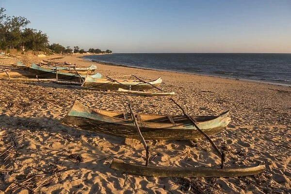 Dugout canoes used as fishing boats on Ifaty Beach at sunset, South West Madagascar