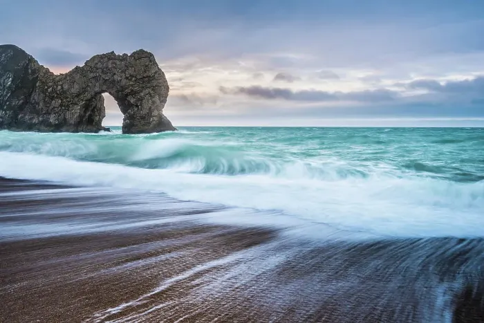 Framed Print : Durdle Door at sunrise, Lulworth Cove, Jurassic Coast, UNESCO World Heritage Site