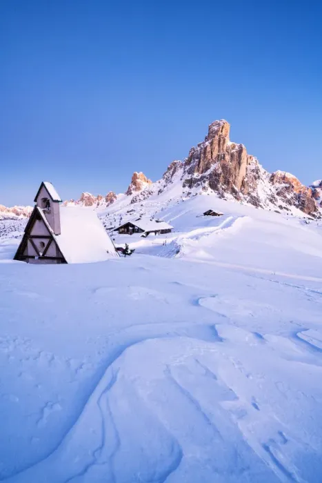 Framed Print : Dusk on the alpine chalet covered with snow with Ra Gusela in background, Giau Pass Framed Print : Dusk on the alpine chalet covered with snow with Ra Gusela in background, Giau Pass