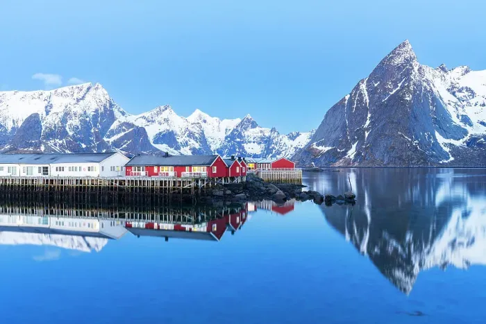 Framed Print : Dusk over the fishing village and the calm water of the fjord surrounded by snowy mountains, Hamnoy, Reine, Moskenes, Lofoten Islands, Norway, Scandinavia, Europe Framed Print : Dusk over the fishing village and the calm water of the fjord surrounded by snowy mountains, Hamnoy, Reine, Moskenes, Lofoten Islands, Norway, Scandinavia, Europe