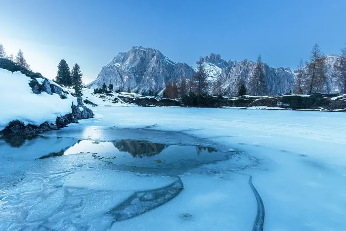 Framed Print : Dusk on the frozen lake of Limides, Falzarego mountain pass, Dolomites, South Tyrol, Italy, Europe Framed Print : Dusk on the frozen lake of Limides, Falzarego mountain pass, Dolomites, South Tyrol, Italy, Europe