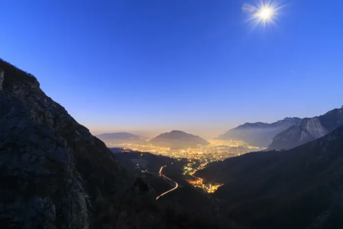 Framed Print : Dusk on the illuminated city of Lecco seen from the road to Morterone, Lombardy, Italy Framed Print : Dusk on the illuminated city of Lecco seen from the road to Morterone, Lombardy, Italy