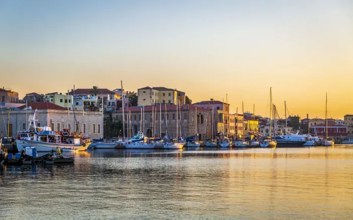 Framed Print : Dusk light over moored boats in the harbour, Chania, Crete, Greek Islands, Greece, Europe Framed Print : Dusk light over moored boats in the harbour, Chania, Crete, Greek Islands, Greece, Europe