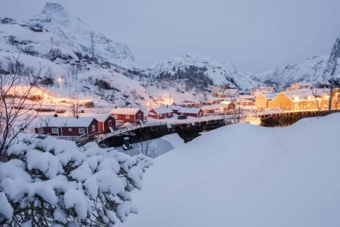 Framed Print : Dusk lights on the fishing village surrounded by snowy peaks, Nusfjord, Nordland Framed Print : Dusk lights on the fishing village surrounded by snowy peaks, Nusfjord, Nordland