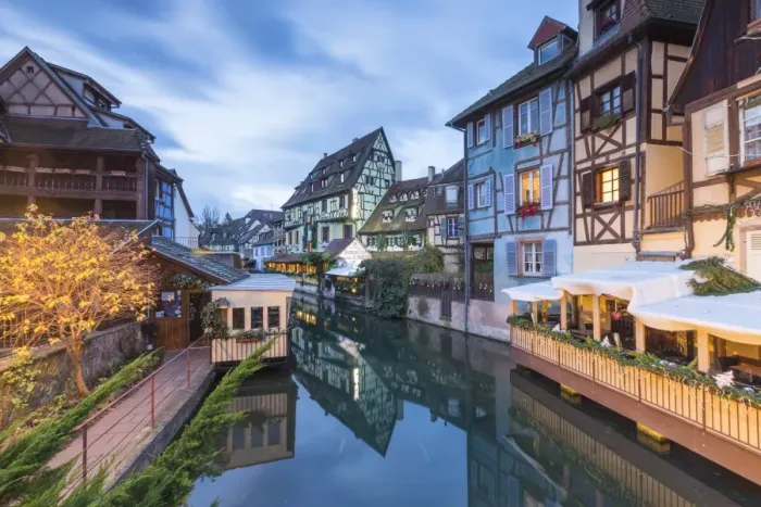 Framed Print : Dusk lights on houses reflected in River Lauch at Christmas, Petite Venise, Colmar Framed Print : Dusk lights on houses reflected in River Lauch at Christmas, Petite Venise, Colmar