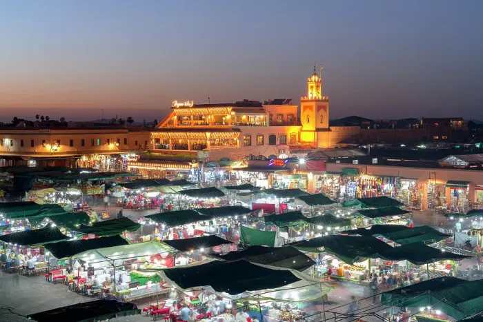 Framed Print : Dusk lights over the iconic markets in Jemaa el Fna square, UNESCO World Heritage Site, Marrakech, Morocco, North Africa, Africa
